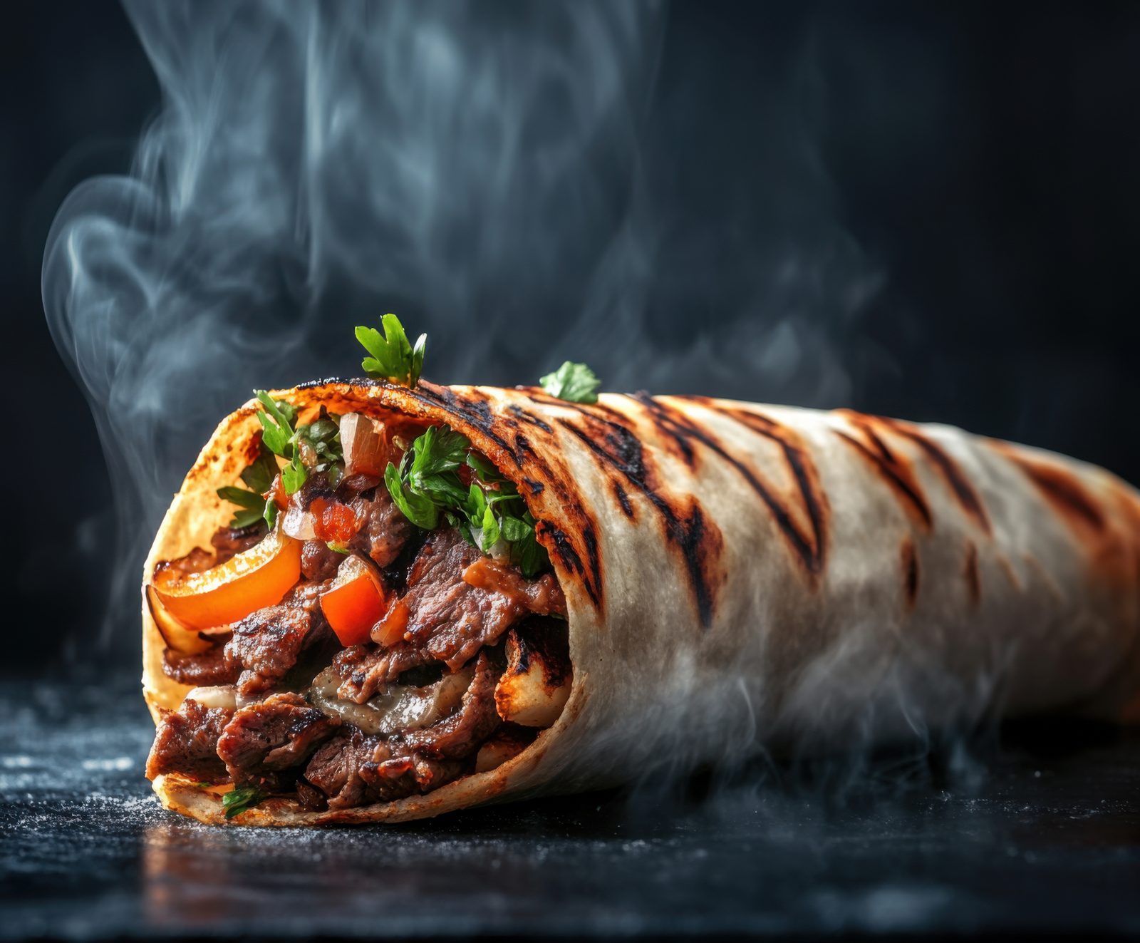 A grilled burrito with steak and peppers, steaming.